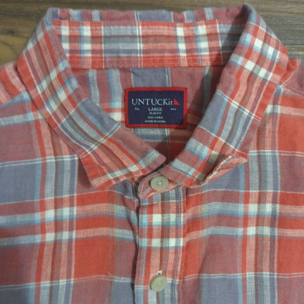 Mens L UNTUCKit Wrinkle Free ‎ 100% Cotton Large plaid red button Up shirt. C